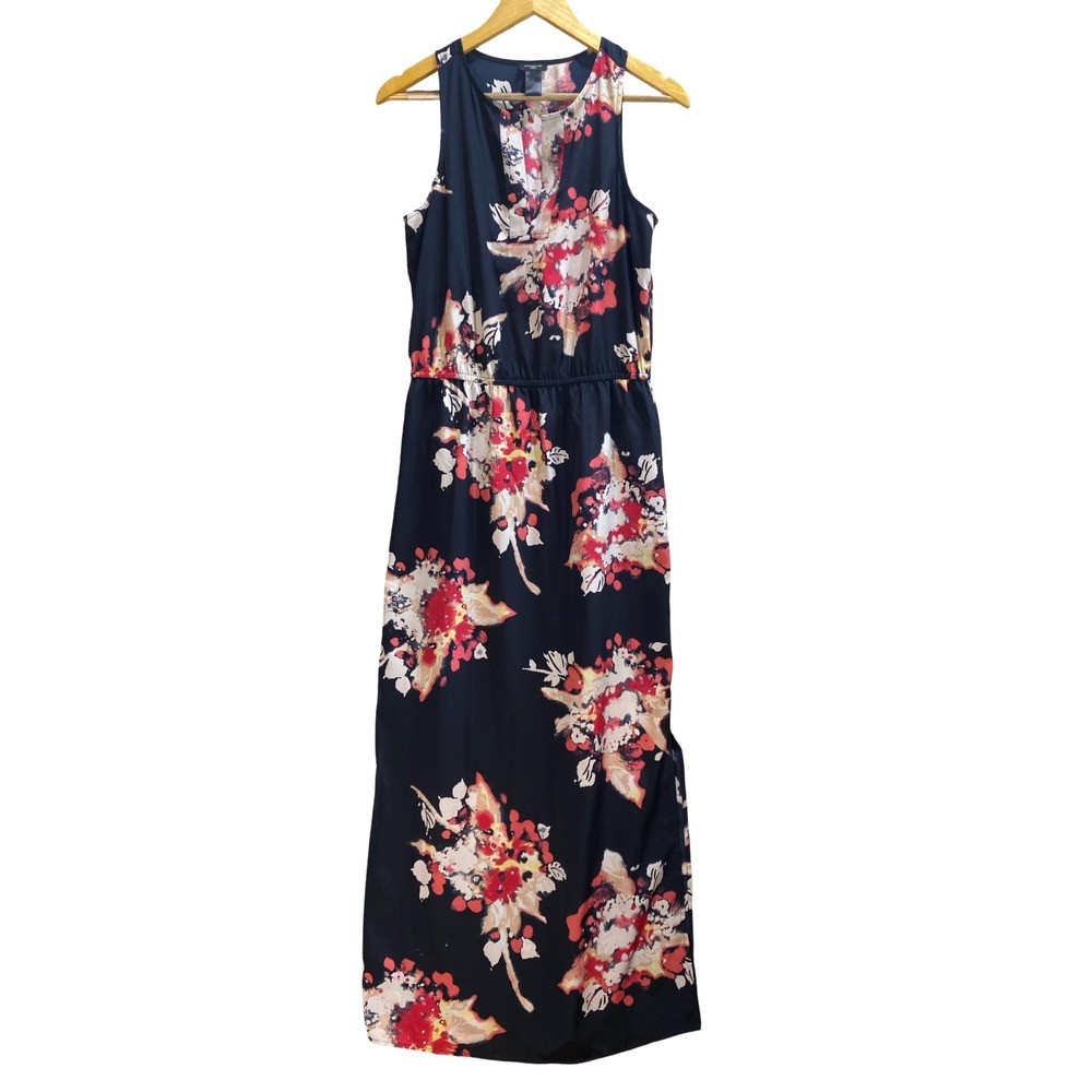 Ann Taylor Petite Black Floral Maxi Dress Medium MP Sleeveless Side Slit Elastic